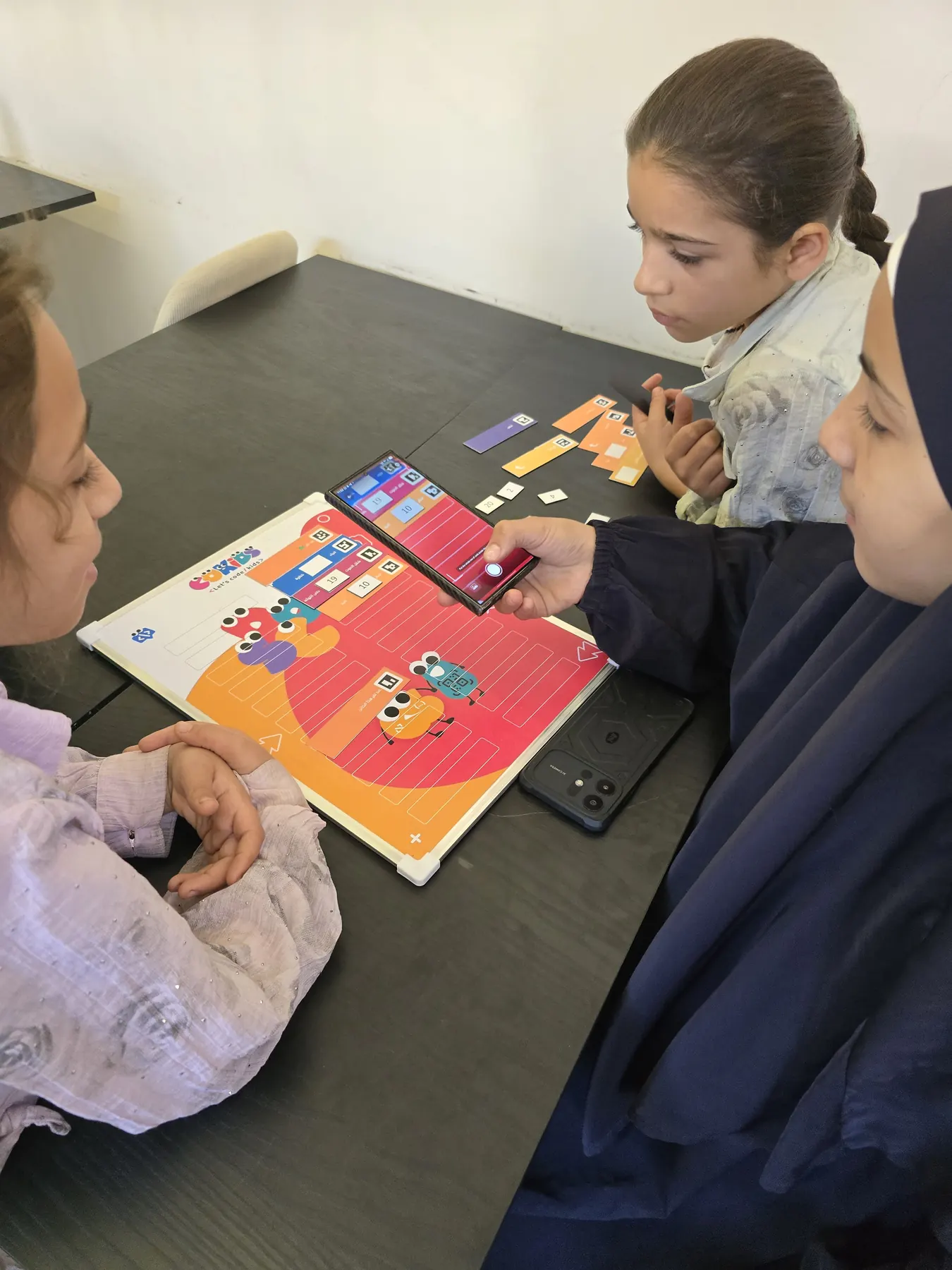 Children learning to code with the CoKids kit